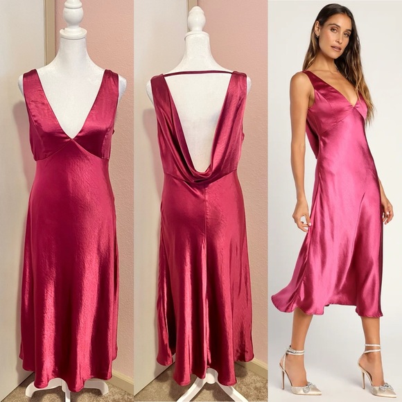 Lulus Incredible Love Magenta Satin Cowl Back Midi Slip Dress - Picture 16 of 16